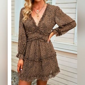 Leopard print Long sleeve Deep V-neck Ruffle mini DRESS Sz XL